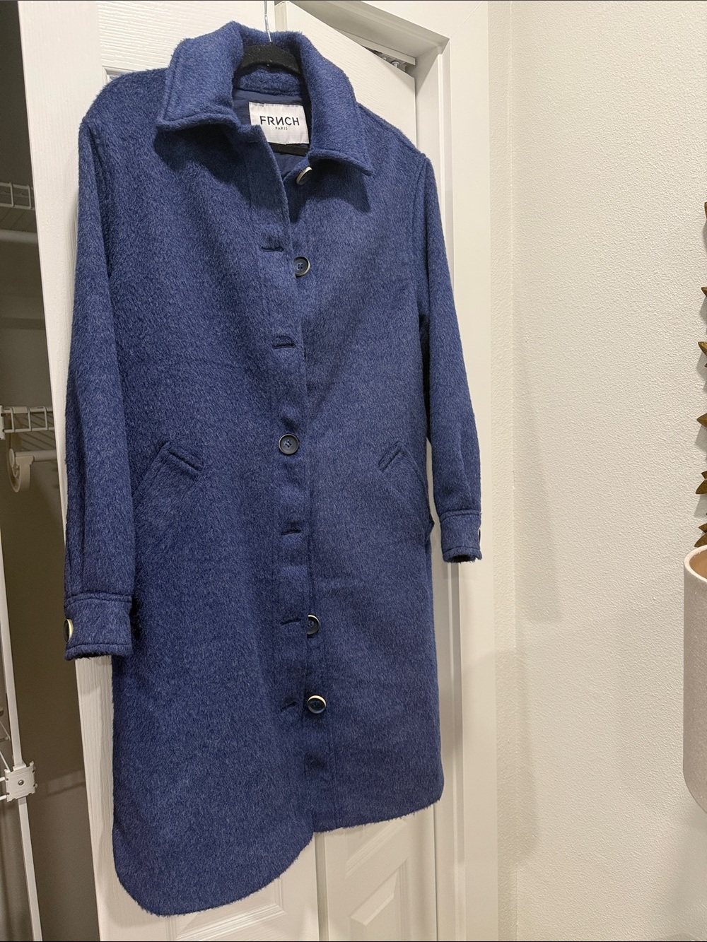 Navy Button-Front Wool Blend Trench Coat